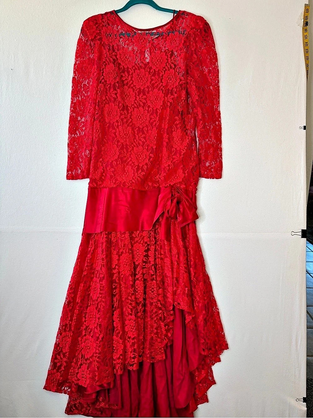 Vintage 80s Red Lace Drop Waist Dress Satin Bow High Low Hem Gown